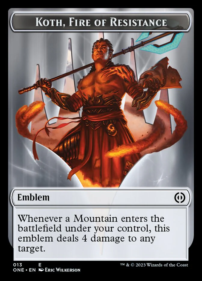 Rebel // Koth, Fire of Resistance Emblem Double-Sided Token [Phyrexia: All Will Be One Tokens] - Image 2